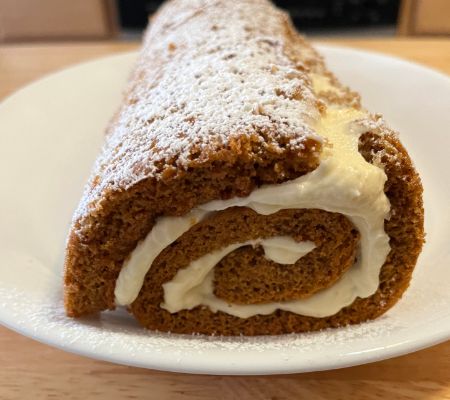 close up spiral of pumpkin cream cheese roll