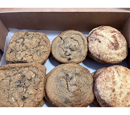 box of three columns of cookies: oatmeal raisin, chocolate chip, and snickerdoodle