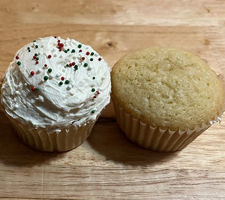 One frosted with nonpareils and one unfrosted vanilla cupcakes