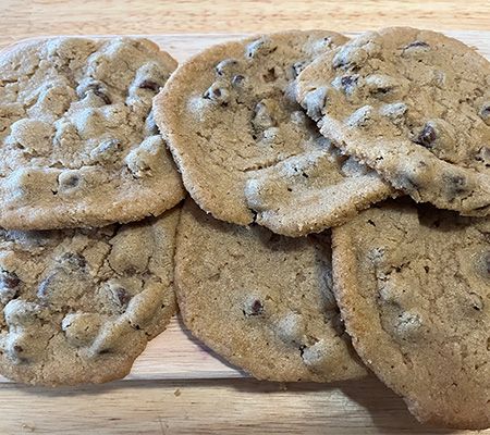 6 homemade chocolate chip cookies stagger stacked